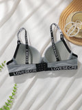 Women Ribbed Push Up Bra with Letter Print Adjustable Straps Underwire Comfort Bras Breathable Padded Cup Intimates Lingerie