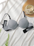 Women Ribbed Push Up Bra with Letter Print Adjustable Straps Underwire Comfort Bras Breathable Padded Cup Intimates Lingerie