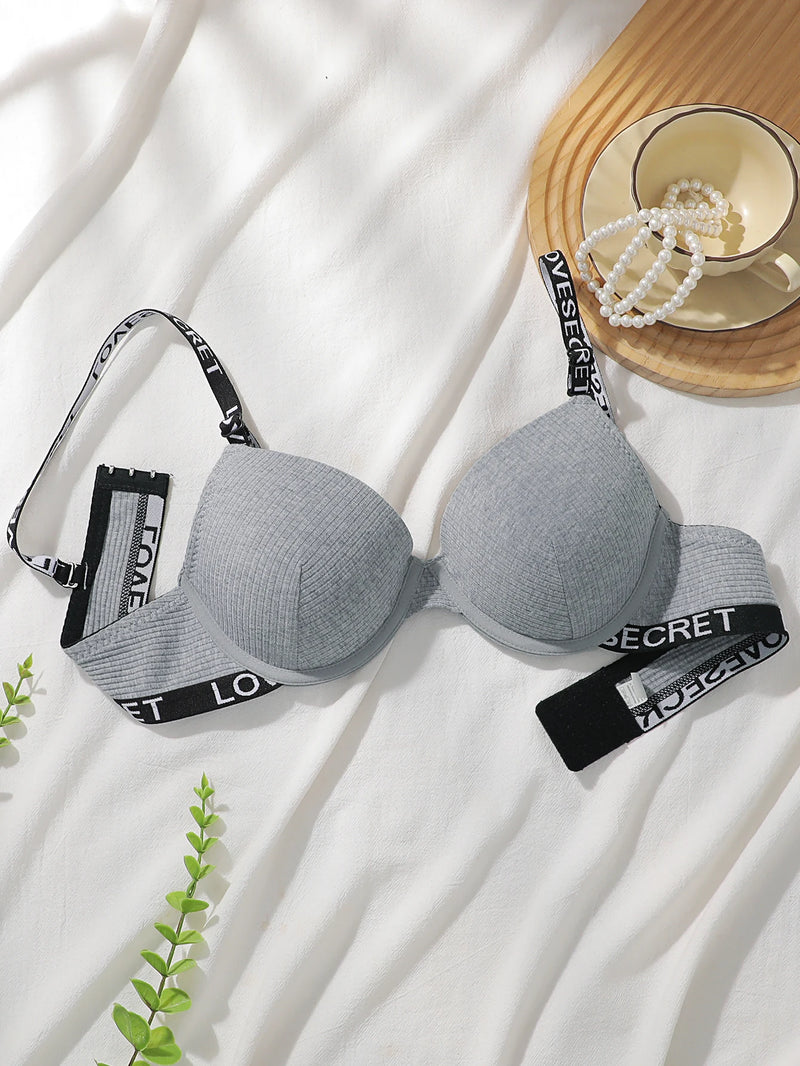 Women Ribbed Push Up Bra with Letter Print Adjustable Straps Underwire Comfort Bras Breathable Padded Cup Intimates Lingerie