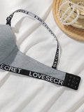Women Ribbed Push Up Bra with Letter Print Adjustable Straps Underwire Comfort Bras Breathable Padded Cup Intimates Lingerie