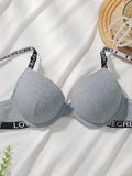 Women Ribbed Push Up Bra with Letter Print Adjustable Straps Underwire Comfort Bras Breathable Padded Cup Intimates Lingerie