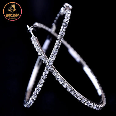 Akizoom Fashion Large Zircon Hoops Earrings 30-100mm Full Stone Big Basketball Wives CZ Hiphop Circle for Women Party Gift