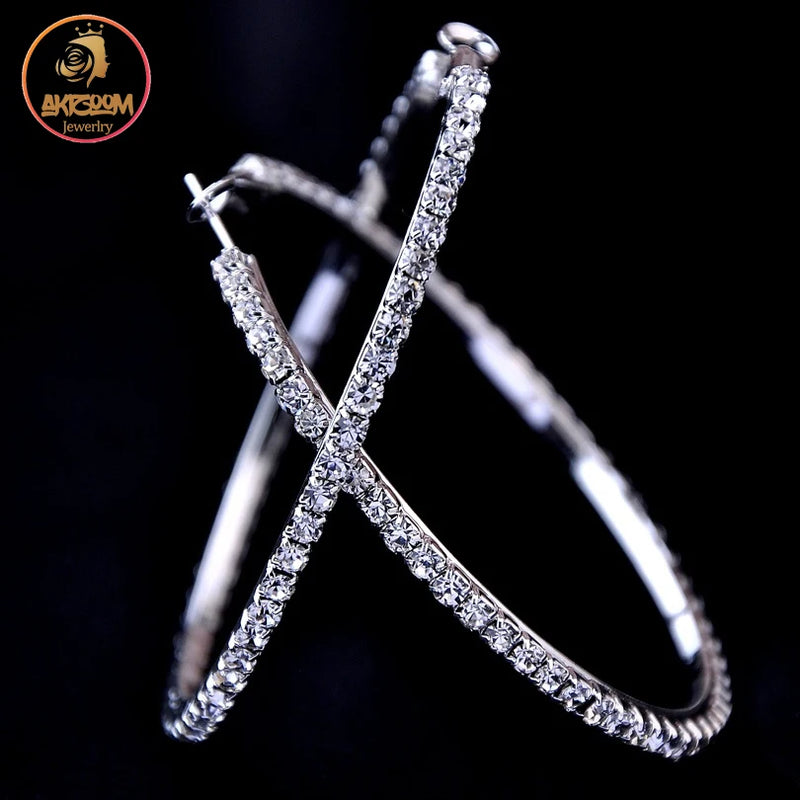 Akizoom Fashion Large Zircon Hoops Earrings 30-100mm Full Stone Big Basketball Wives CZ Hiphop Circle for Women Party Gift