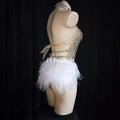 Women Mesh Dance Dress Sparkly Silver Crystals Mesh Bodysuit Women Feather Leotard Outfit Female Bar Dance Stage Party Dance Costume Celebrate Dress