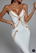 Party Dress Bodycon Celebrity High Quality New Black White Chain Spaghetti Strap V-Neck Split Bandage Dress Bodycon Celebrity Club Party Long Dress Vestidos