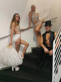 Women Mesh Dance Dress Sparkly Silver Crystals Mesh Bodysuit Women Feather Leotard Outfit Female Bar Dance Stage Party Dance Costume Celebrate Dress