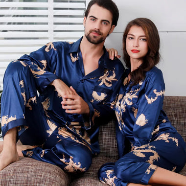 Couples 2PCS Pajamas Set Print Dragon Nightwear Casual Soft Home Clothes Shirt&pant Silky Satin Sleepwear Sleep Set Sexy Pijamas