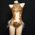 Women Mesh Dance Dress Sparkly Silver Crystals Mesh Bodysuit Women Feather Leotard Outfit Female Bar Dance Stage Party Dance Costume Celebrate Dress
