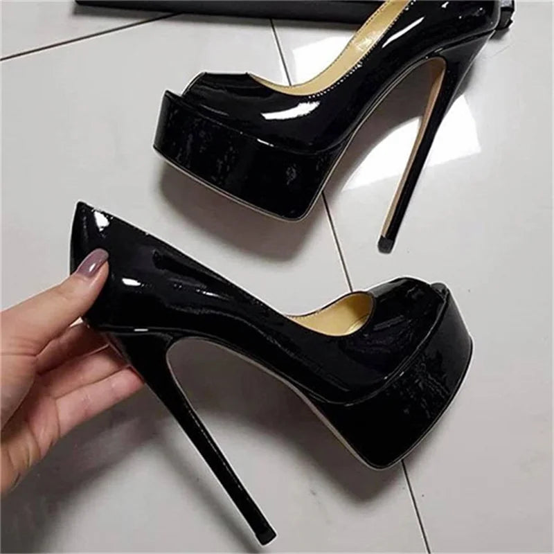 Fashion Peep Toe Platform Pumps Black Patent Leather High Heel Shoes Women Sexy Party Dress Shoes Red Nude White 35-44