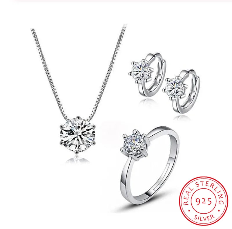 925 Sterling Silver Dazzling 6 Claws AAAAA Zirconia Necklace+Earrings+Ring Jewelry Sets For Women Wedding Jewelry