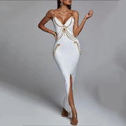 Party Dress Bodycon Celebrity High Quality New Black White Chain Spaghetti Strap V-Neck Split Bandage Dress Bodycon Celebrity Club Party Long Dress Vestidos
