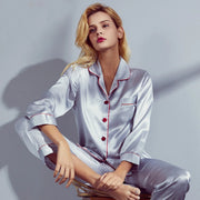 Women Silk Pajamas Set 6A Factory Brand 100% Mulberry Silk Pajamas Women Set Summer Autumn Spring Winter Long-sleeved Two-piece Set Silk Sleepwear Gray