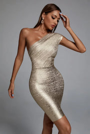 Party Dress Elegant Club High Quality Celebrity One Shoulder Foiling Gold Print Rayon Bandage Dress Elegant Club Party Dress Vestidos
