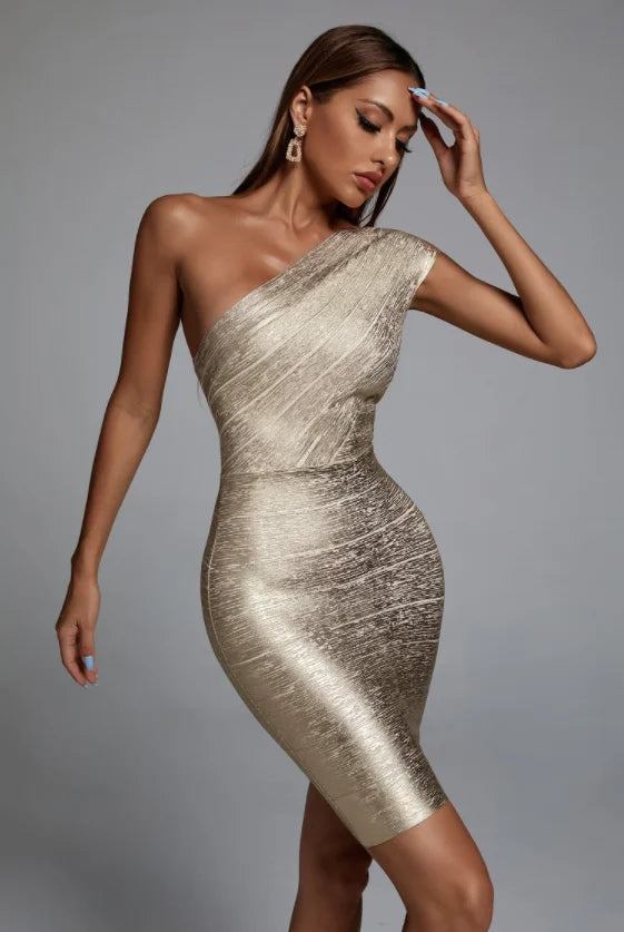 Party Dress Elegant Club High Quality Celebrity One Shoulder Foiling Gold Print Rayon Bandage Dress Elegant Club Party Dress Vestidos