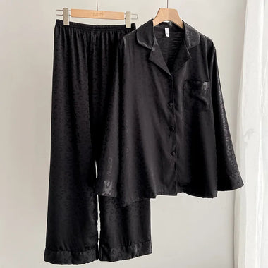 Fdfklak Black Leopard Silk Pajamas For Women Sets 2 Pieces Suit Spring NewTurn-Down Collar Female Homewear Soft Pyjamas