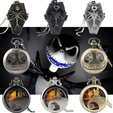 Retro Skull Punk Chain Necklace Quartz Pocket Watch Jack Pendant Retro Bronze Jewelry Fob Necklace Watches for Men Women Kids