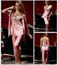 2017 Brand pyjamas women Satin Silk Pajamas Red Three-Piece Pyjama Sets Lace Embroidery Imitation Silk pijama Femininos