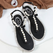 Women sandals 2025 new summer shoes flat pearl sandals comfortable string bead beach slippers casual sandals pink white black