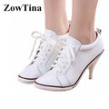 White Real Leather Women Lace Up Pumps Fashion High Heels Stilettos Black Casual Sneakers Heels Large Size 41 Ladies Zapatillas