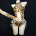 Women Mesh Dance Dress Sparkly Silver Crystals Mesh Bodysuit Women Feather Leotard Outfit Female Bar Dance Stage Party Dance Costume Celebrate Dress