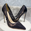 12cm sexy Women's high-heeled shoes with mesh lace, thin high-heeled shoes, narrow pointed, sexy, party use, black and white
