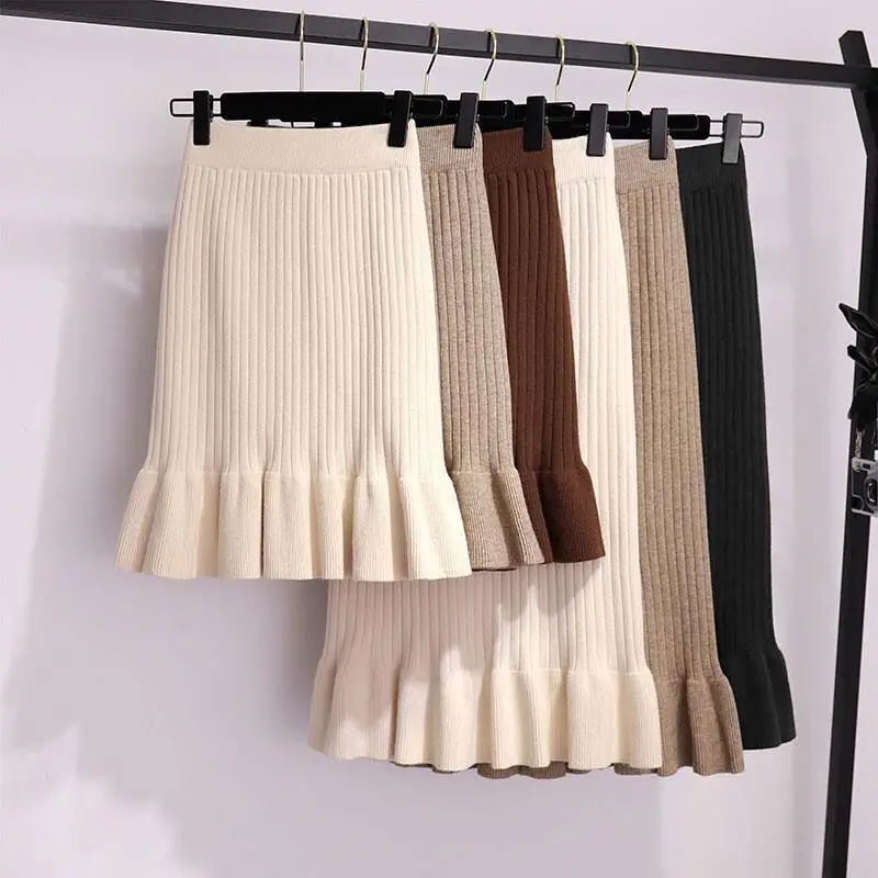 2021 Autumn Winter Elegant High Waist Women Mermaid Skirt Solid Color Lady Office Wear Knitted Skirt Female Pleated Skirts