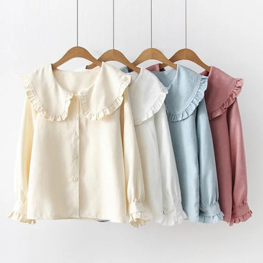 2020 Korean Spring Autumn Long Sleeve Ruffles Peter Pan Collar Women Blouse Shirts Tops Female School Uniform Girls White Shirt