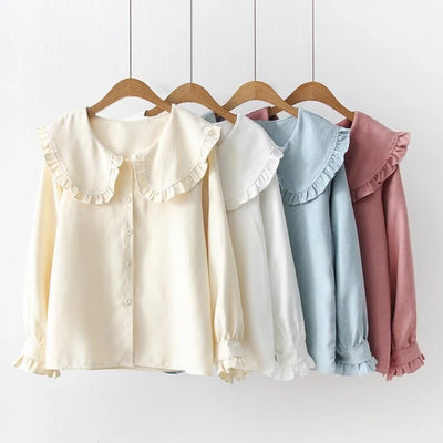 2020 Korean Spring Autumn Long Sleeve Ruffles Peter Pan Collar Women Blouse Shirts Tops Female School Uniform Girls White Shirt