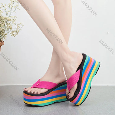 Women's Platform Flip Flops Summer Shoes Fashion 10cm Super High Heels Rainbow Thick Bottom Sandals Slipper Leisure Beach Slides