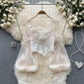Elegant Mesh Ruffled Lace Chiffon Tops Patchwork Lace Chiffon Blouse V Neck Blusas Lace-up Shirts Spring Summer