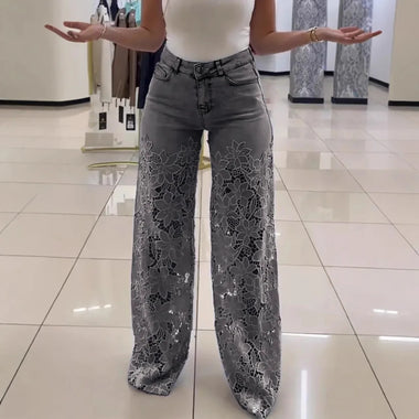 Denim Wide Leg Pants Women Jeans Lace Hollow Out High Waist Washed Distressed 2025 Straight Trousers Floor Length Streetwear