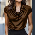 Women Satin Cowl Neck Blouse Cap Short Sleeve Solid Color Elegant Office Lady Shirt Tops