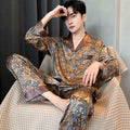 Silk Pajamas Satin Men Silk Satin Pajamas for Men Sleepwear Cozy Soft Print Long Sleeve Nightgown Tops + Trousers Two Pieces Mens Pajama Set