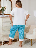 Women Plus Size Milk Silk Pajama Set Short Sleeve Top & Dinosaur Print Capri Pants Loungewear