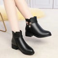 Women's Rhinestone Leather Boots Autumn Winter Warm Cotton Shoes Low Heel Round Head Side Zip Footwear Botas Para Mujeres