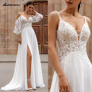 Dresses Wedding 2026 Lakshmigown Puffy Long Sleeve Boho Beach Wedding Dresses 2026 Off Shoulder Lace Chiffon V Neck Bridal Gown Customized