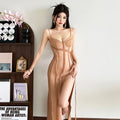 SylCue Sexy Fashion Maxi Dress Women Low-Neck Sleeveless Backless Mesh Ribbon Splits Hem Street Fashion France Style Long Dress