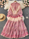 Autumn Holiday Pink Maxi Dress Women Clothing Turleneck Long Lantern Sleeve Flower Retro Print Belted Chiffon Loose Vestidos