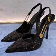 Women High Heels Stiletto Luxury Rhinestones Sequined Buckle Women Pumps Elegant Pointed Toe Slingbacks Stiletto High Heels Spring Summer Fashion Shoes