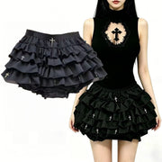 Women Skirts Tiered Ruffles Mini Skirt Cross Charms Built-in Shorts Kawaii Japanese Skort Gothic Punk Y2K Girl Harajuku 90s Sexy