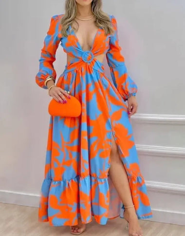 2022 Spring Women Long Sleeved Cutout V-Neck Twist Summer Elegant Tie Dyed Floral Printed Lantern Sleeve Split Thigh Maxi Dress