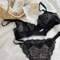 セクシーな Women French Plaid Embroidery Mesh Lingerie Set Soft Underwire Minimizer Bra Uplift Sheer Mesh Ladies Underwear 32-38 Set