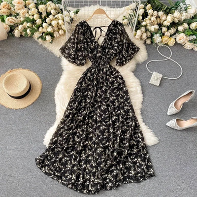 19 Colors Summer Floral Print V-neck Waist-cinching Chiffon Long Dress Women 2025 Trendy Elegant Casual Vacation Beach Dresses