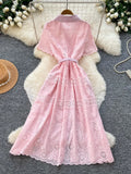 French Romantic Style Dress Women Lace Dress Lapel  Floral Embroidery Long Dresses