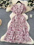 French Floral Printed Dress Women Sexy Cross V-neck Short Sleeved Vintage Long Dresses Ladies Ruffled Beach Long Robe Vestidos