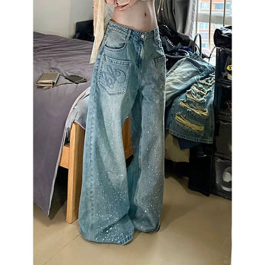 Heavy Duty Rhinestone Denim Jeans Women's Street Style Loose Wide Leg Floor Length Blue Long Trousers 2026 Spring Summer New Arr