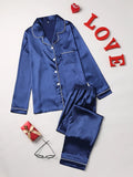 Women's Pajama Solid Pajama Set Long Sleeve Button Up Lapel Top & Pants Pj Set Women's Sleepwear & Loungewear