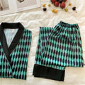 Green Plaid Pajamas Long Sleeve Lapel Shirt Pants Women Ice Silk Sleepwear Summer Autumn New Home Clothes Rayon Loungewear