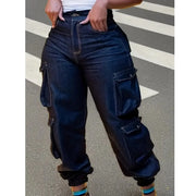 Womens Plus Size Cargo Jeans High Waist Multi Pockets Baggy Denim Jogger Pants Casual Streetwear Loose Fit Elastic Cuff Trousers