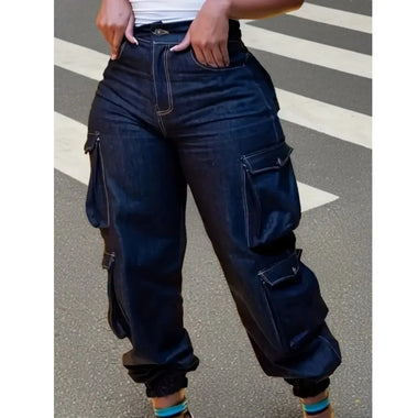 Womens Plus Size Cargo Jeans High Waist Multi Pockets Baggy Denim Jogger Pants Casual Streetwear Loose Fit Elastic Cuff Trousers